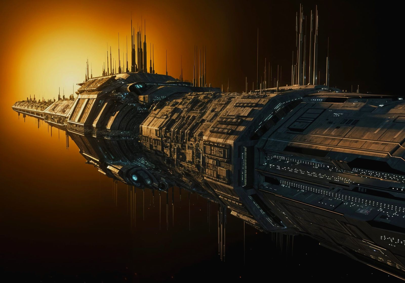 Beauty shot of a fantastic starship that is the size of a ci...