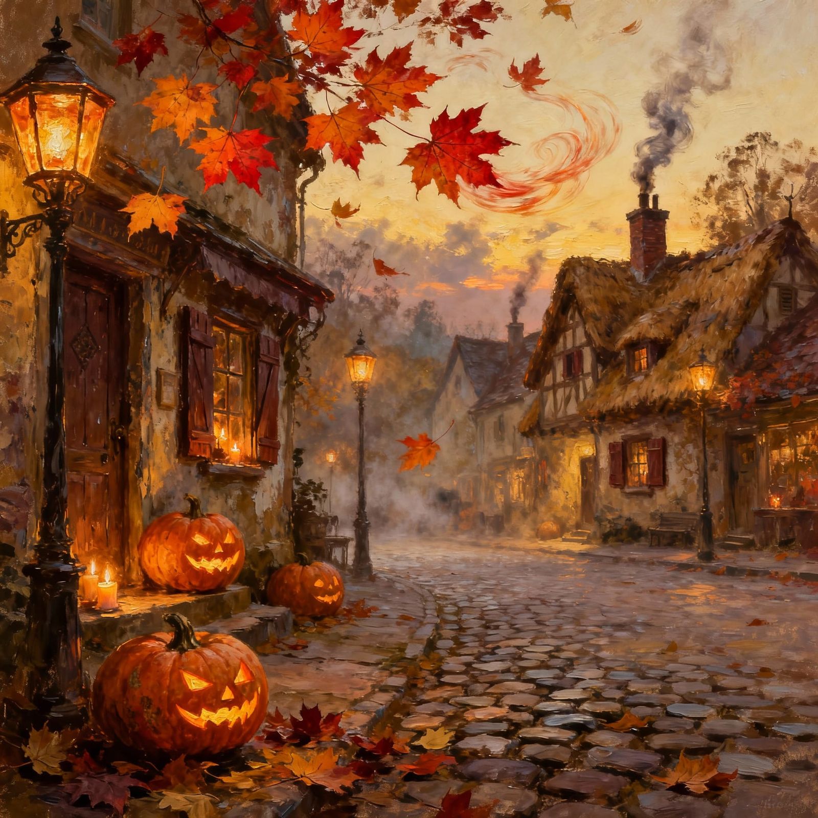 Autumn Village Square at Dusk with Lanterns and Pumpkins