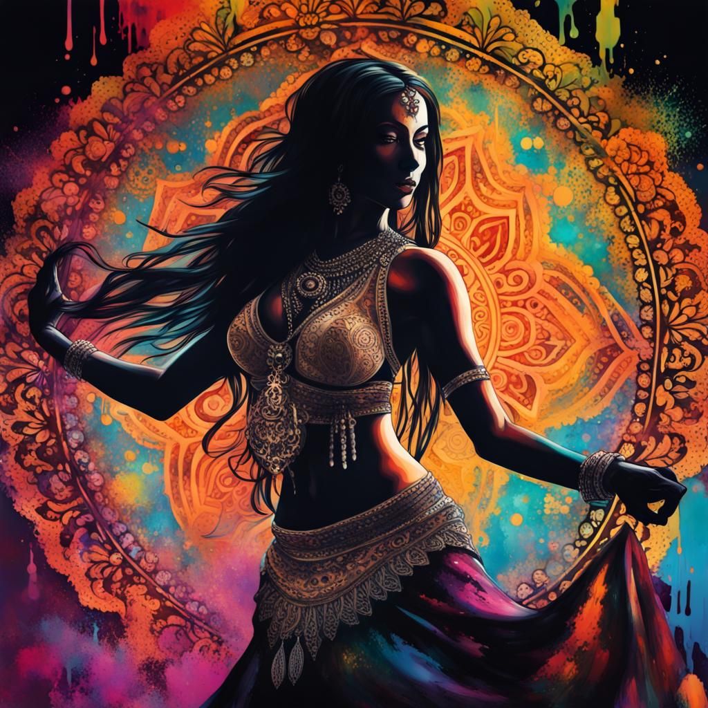Bellydancer Silhouette with Mandala in Graffiti Art Style