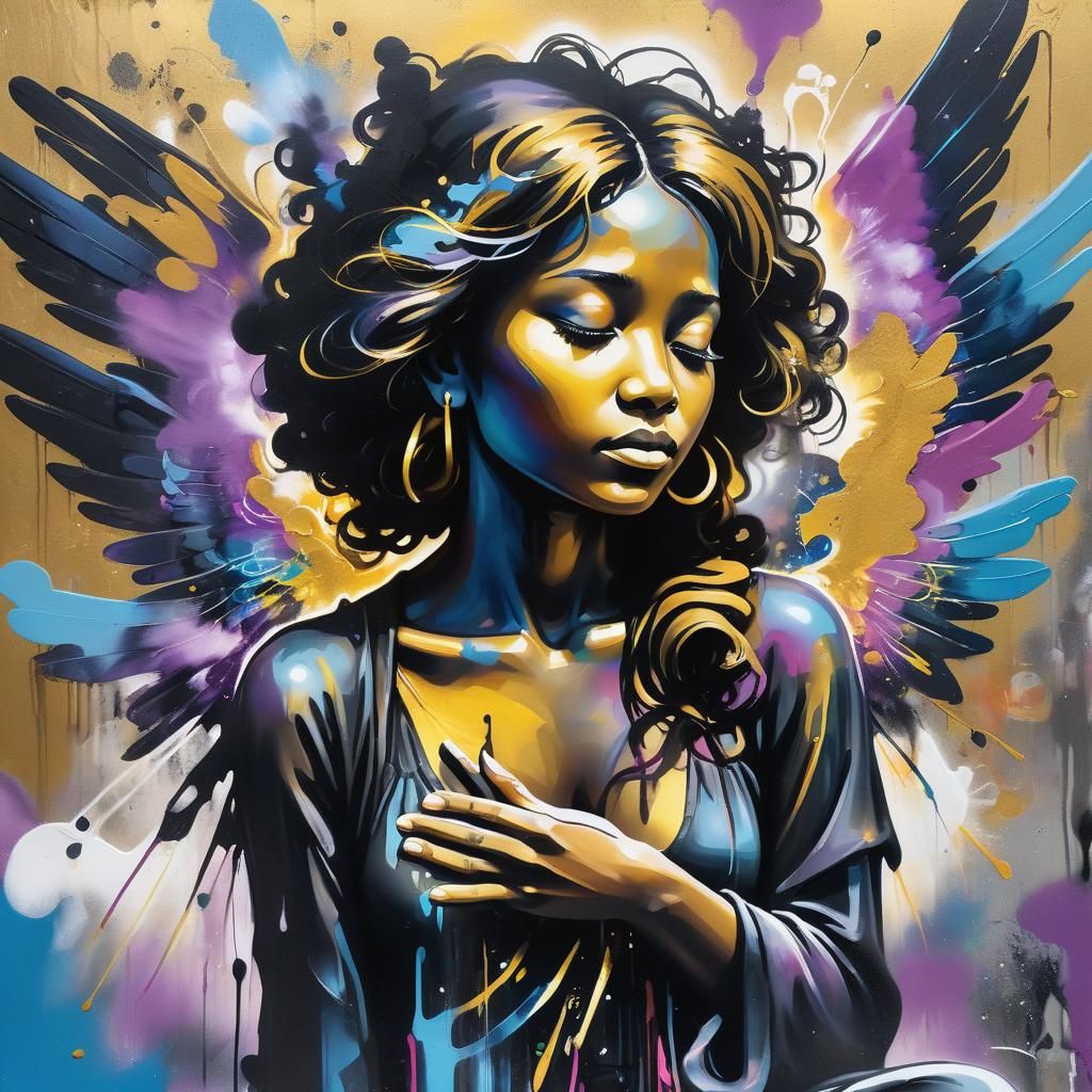 Meditating feminine black angel with aura. The dabbing techn...
