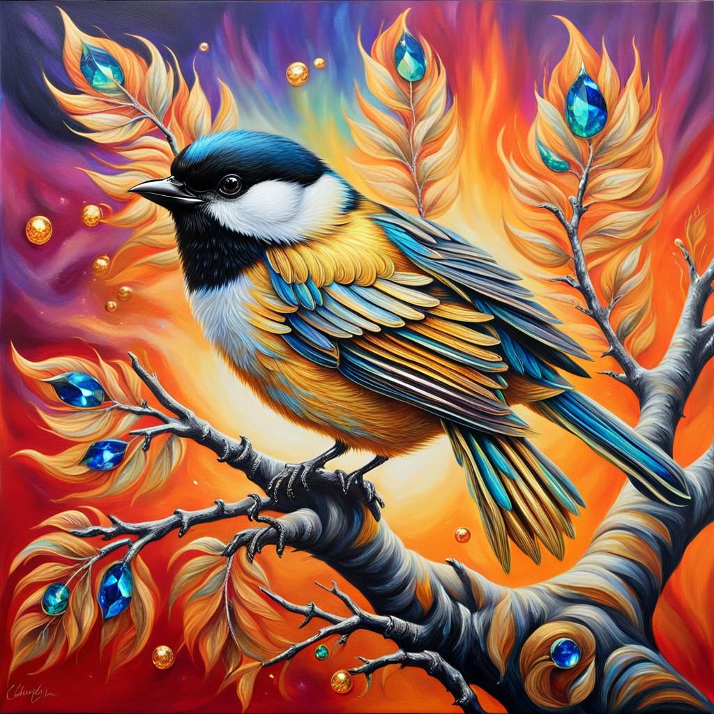 Mythical Chickadee with Fiery Feathers, Digital Art