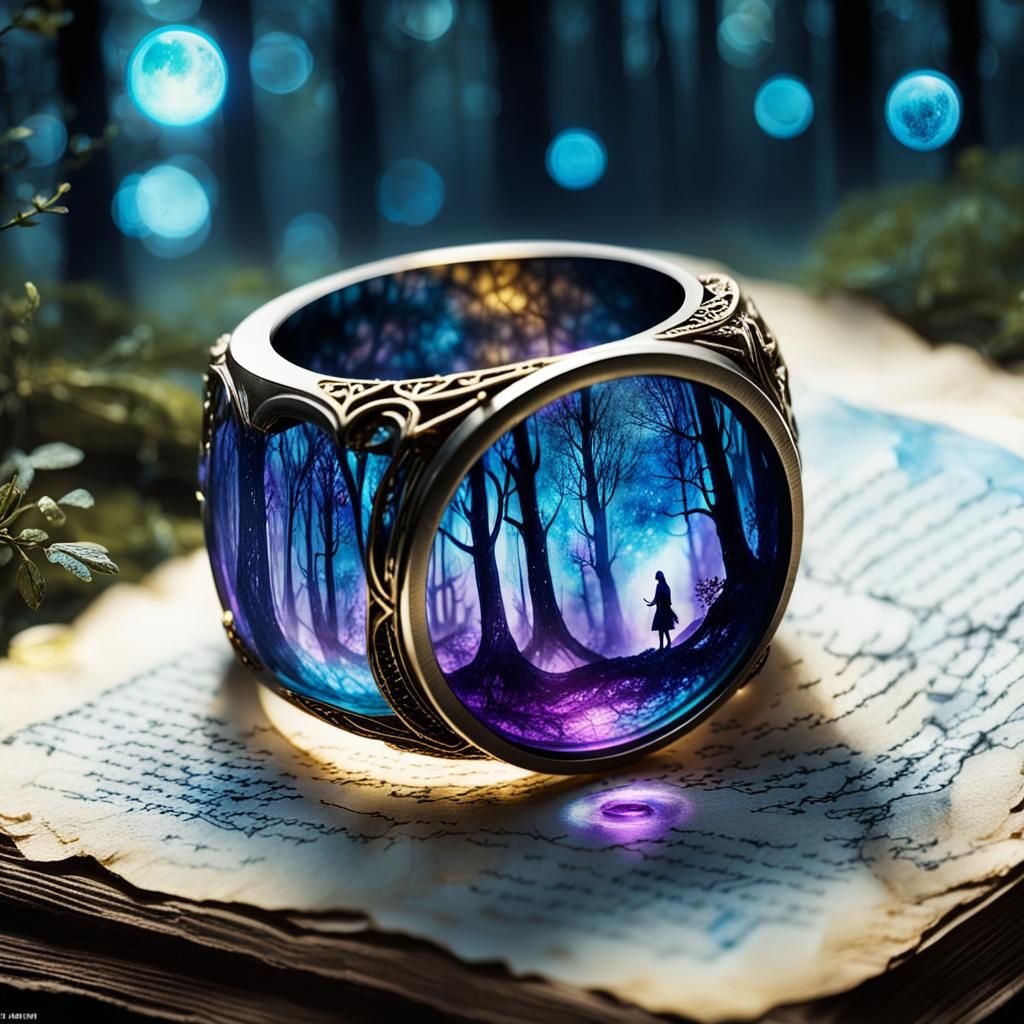 Elven Ring Glows in Dark Forest: Art Nouveau Style