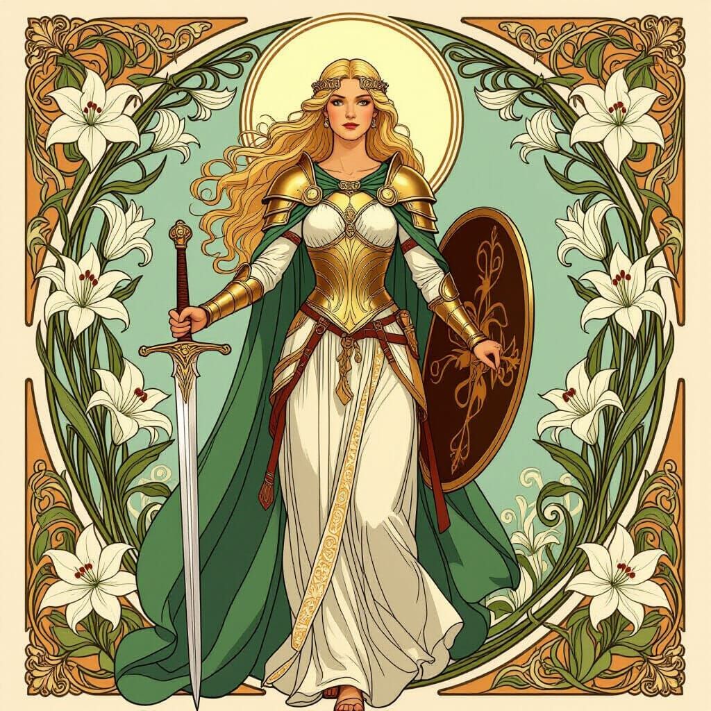 Art Nouveau Masterpiece of Éowyn in Rohan Armor