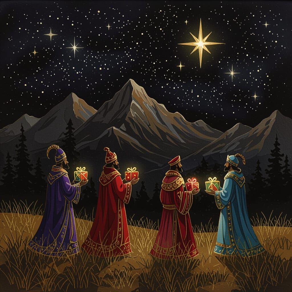 Three Kings Bearing Gifts Under a Magical Midnight Sky