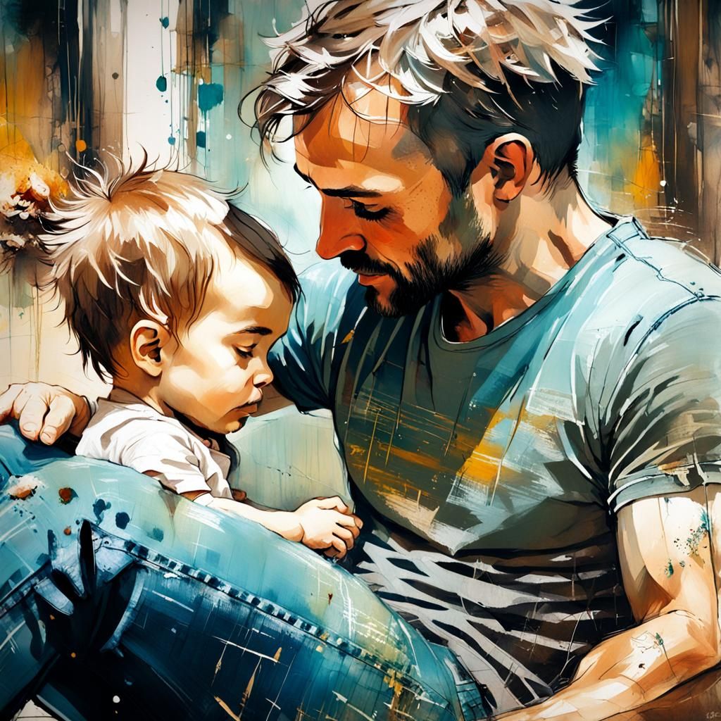 Father and Child Cuddle: An Oil Painting