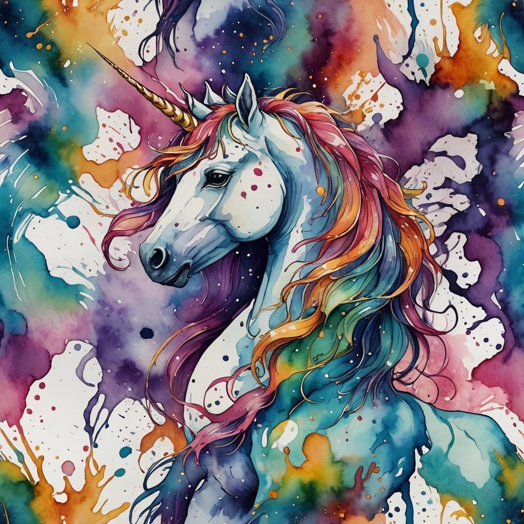 Watercolor Unicorn with Rainbow Alcohol Ink Splashes