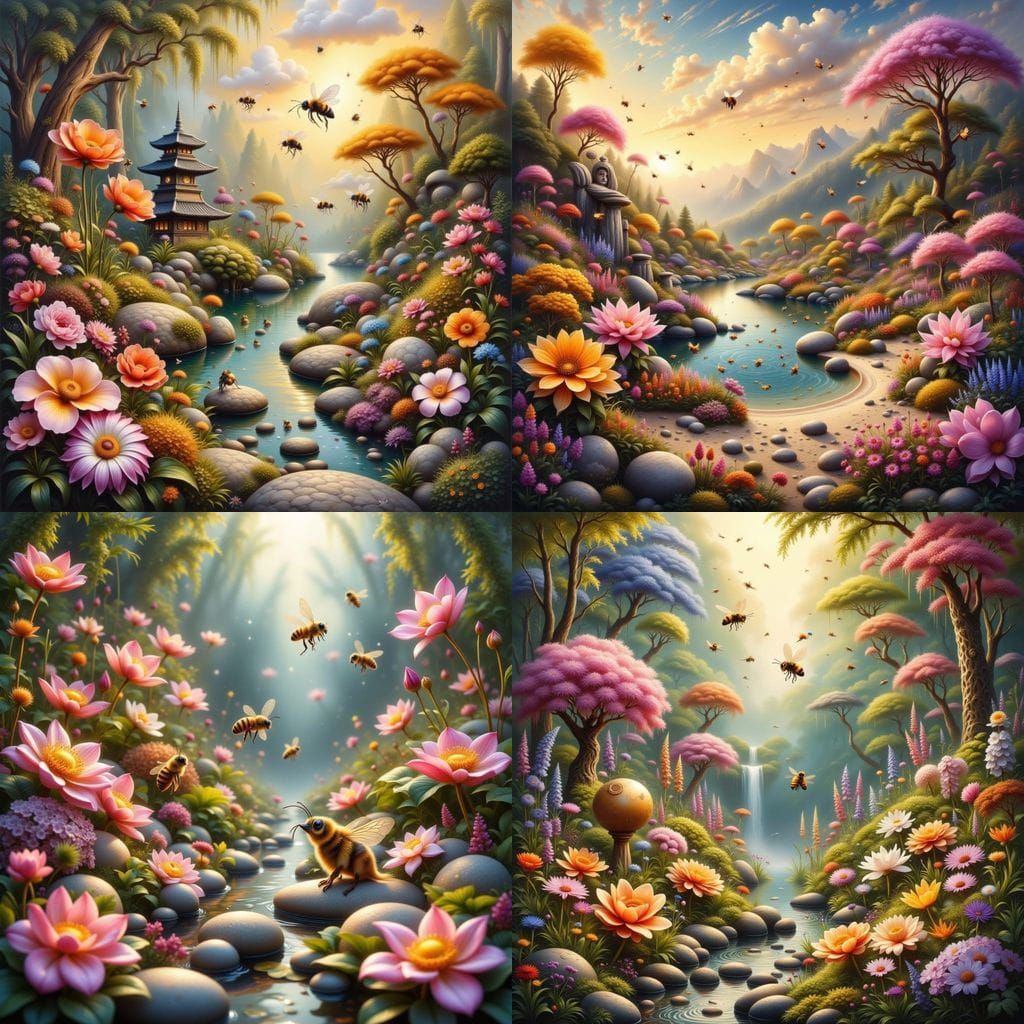 Beautiful Zen Garden with Realistic Flowers and Bees in Vibr...
