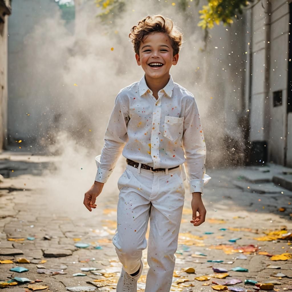 Image of a young boy with a cheerful smile, wearing a long w...