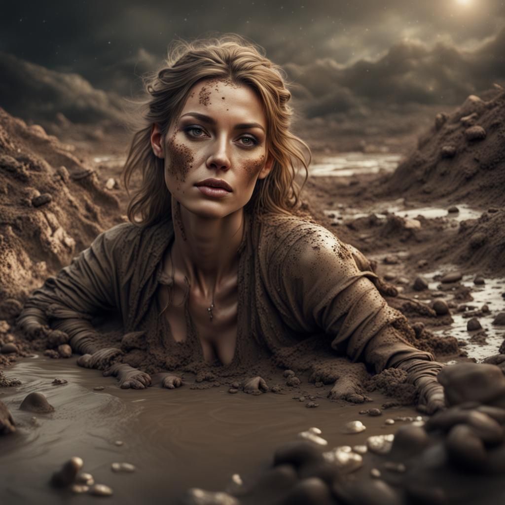 Beautiful Woman in Mud: Detailed Digital Painting