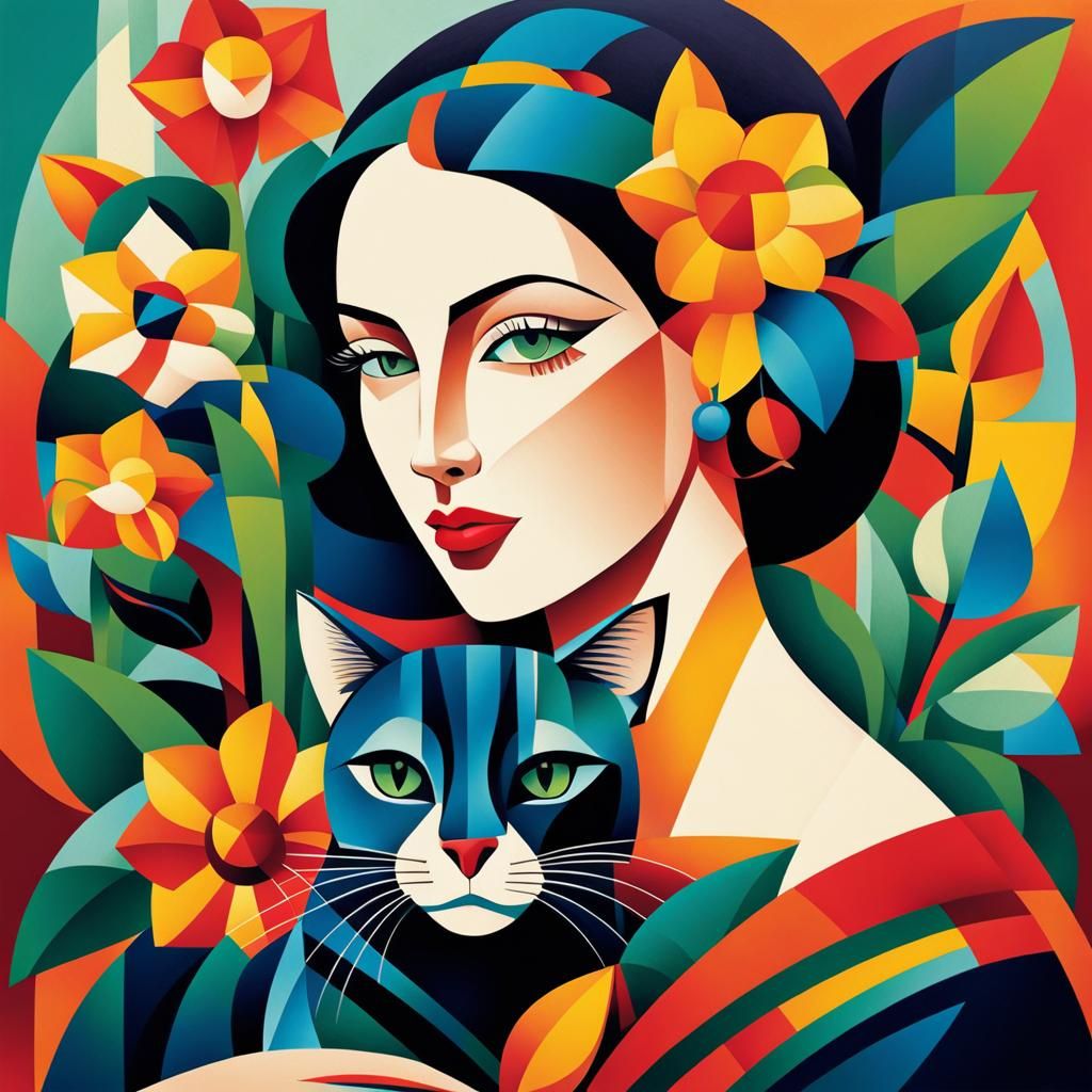Colorful Cubist Portrait of Woman with Cat