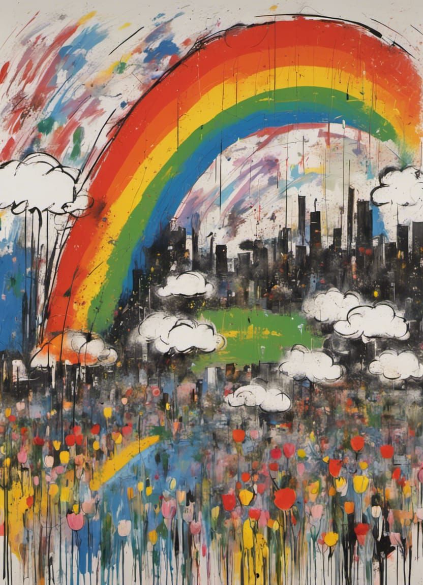 Rainbow Over Tulip Field in Neo-Expressionist Style