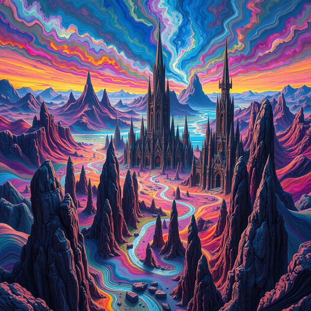 Surreal, Dreamlike Realm with Twisted Spires and Iridescent....