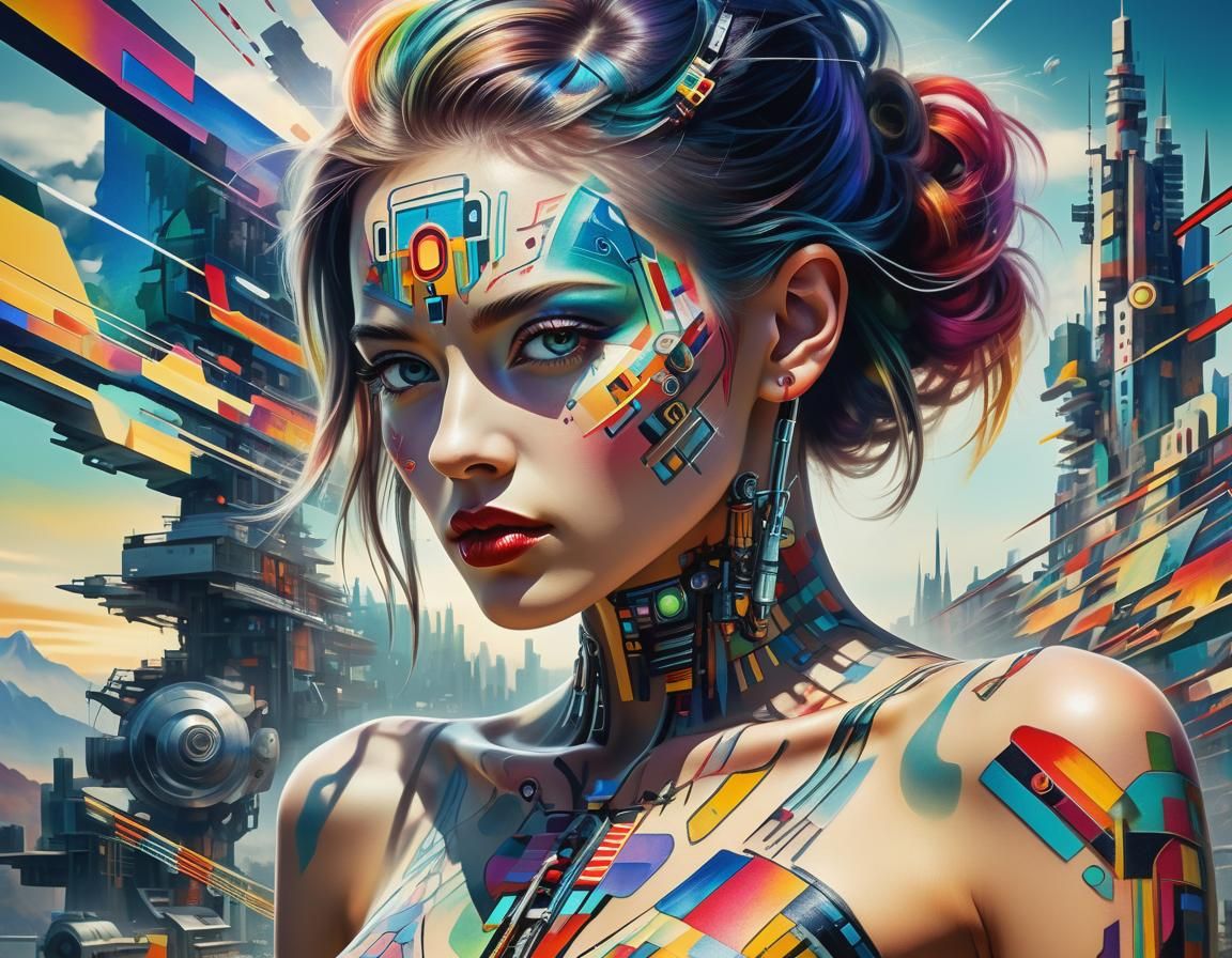 Futuristic Women with Cybernetic Tattoos in Abstract Style