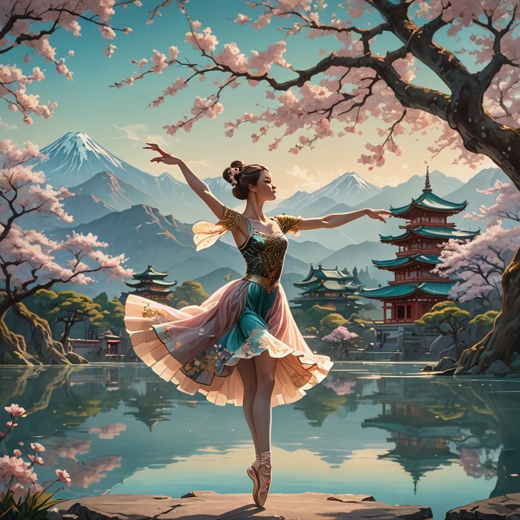 Ballerina Dancing Under Sakura Tree, Art Nouveau Style