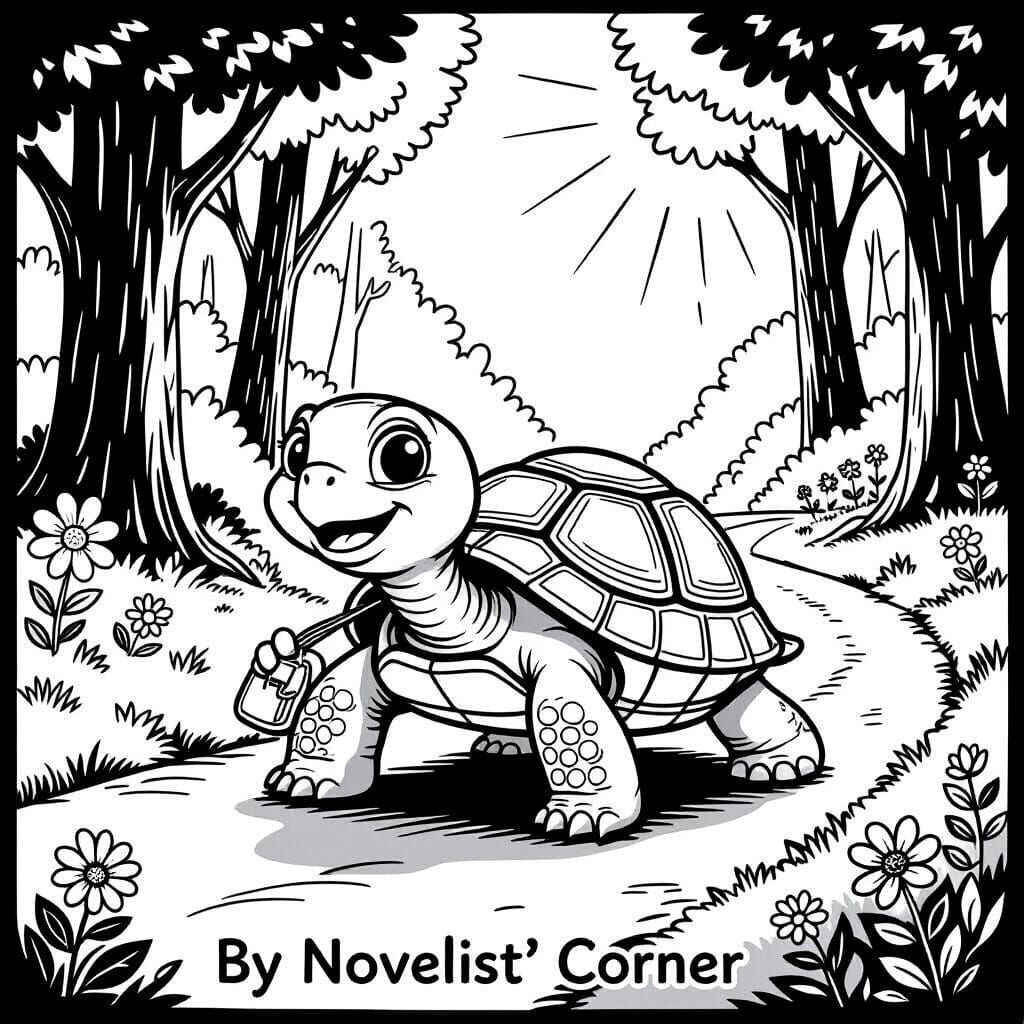 Smiling Turtle on Forest Path Coloring Page