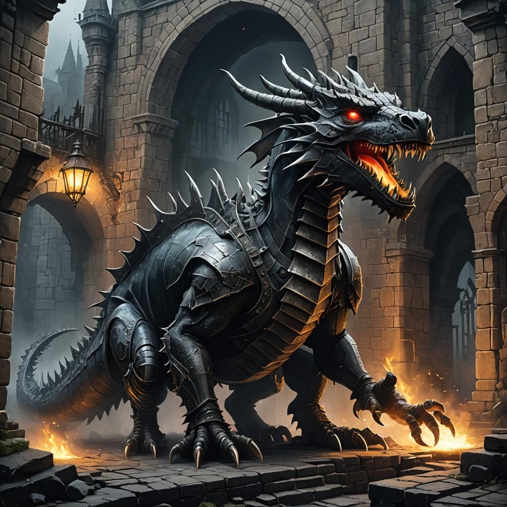 Cyberpunk Dragon Emerges from Ruined Castle