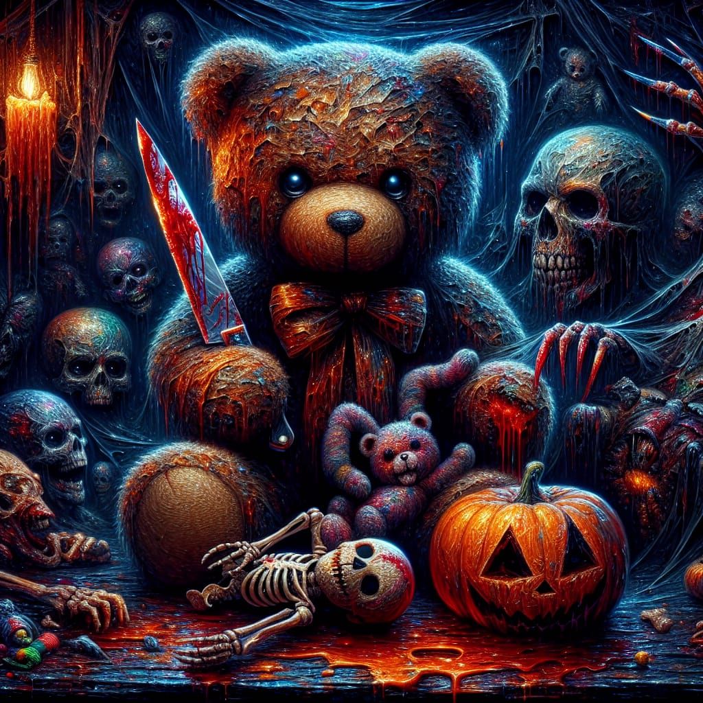 Dark Horror Plush Teddy Bear, with a knife in his bloody paws, a skeleton bear head nearby him. spooky Halloween Atmosph...