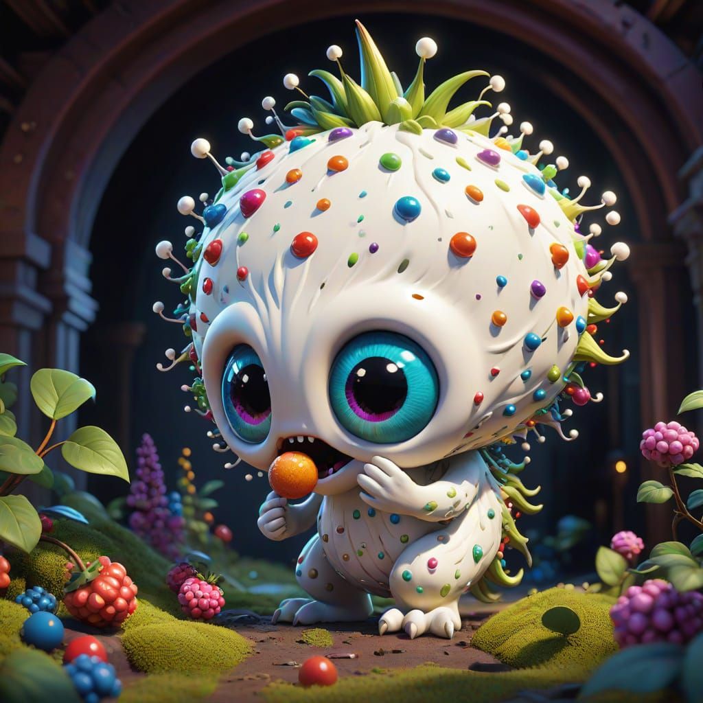 Surreal White Berry Monster in Iridescent Paradise