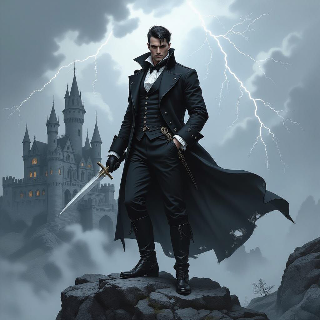 Victorian Man in Stormy Gothic Landscape