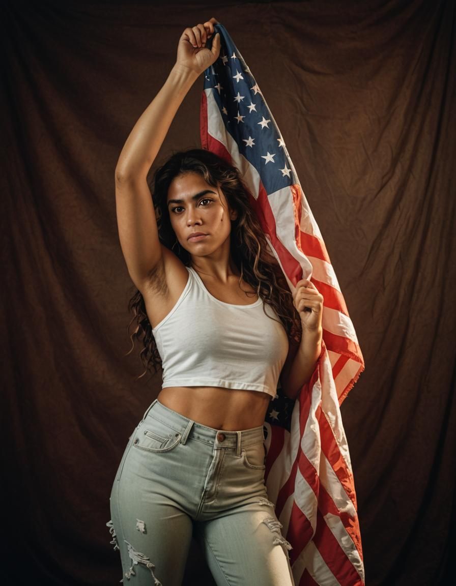 Latina Woman with American Flag: Cinematic Portrait