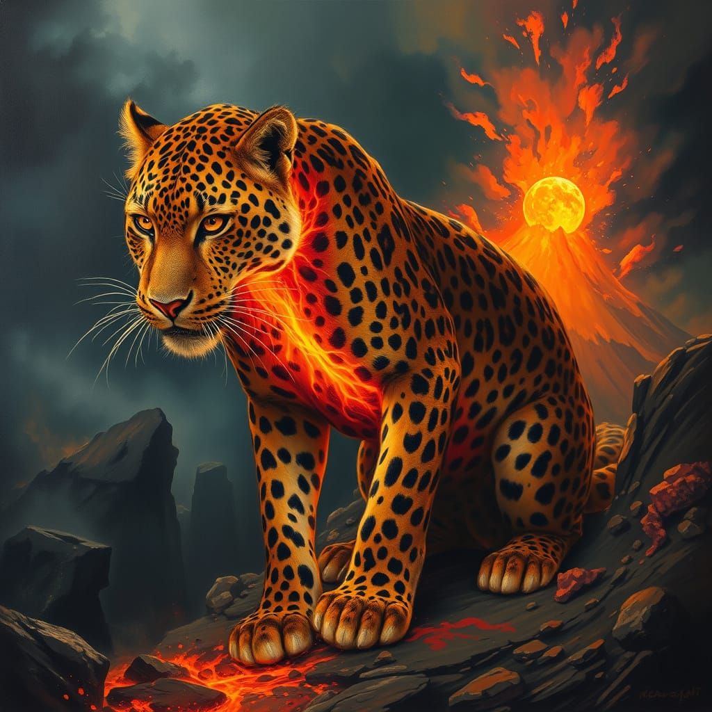 Fiery Leopard Erupts in Dark, Mystical Landscape Oil Paintin...