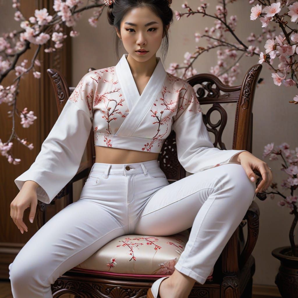 Geisha in Modern Attire on Ornate Chair