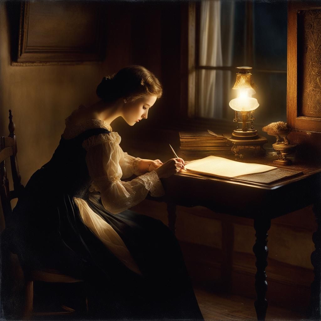Woman Writing by Lamp in Tenebrism