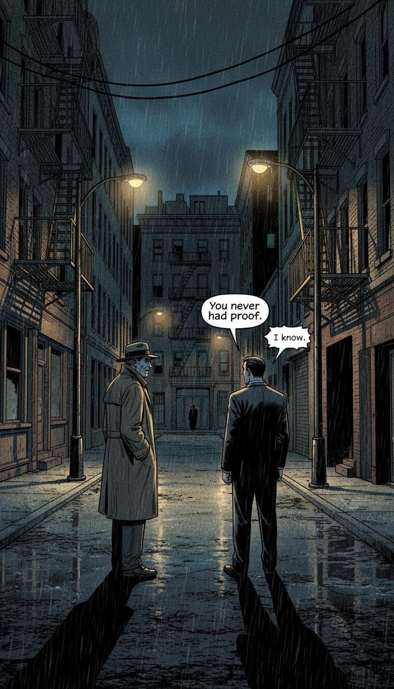 Noir Detective Confronts Obsession on Rainy 1950s Street