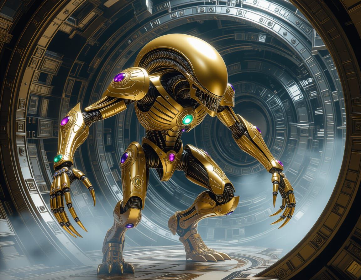 Golden Biomechanical Alien in Faberge Style TARDIS