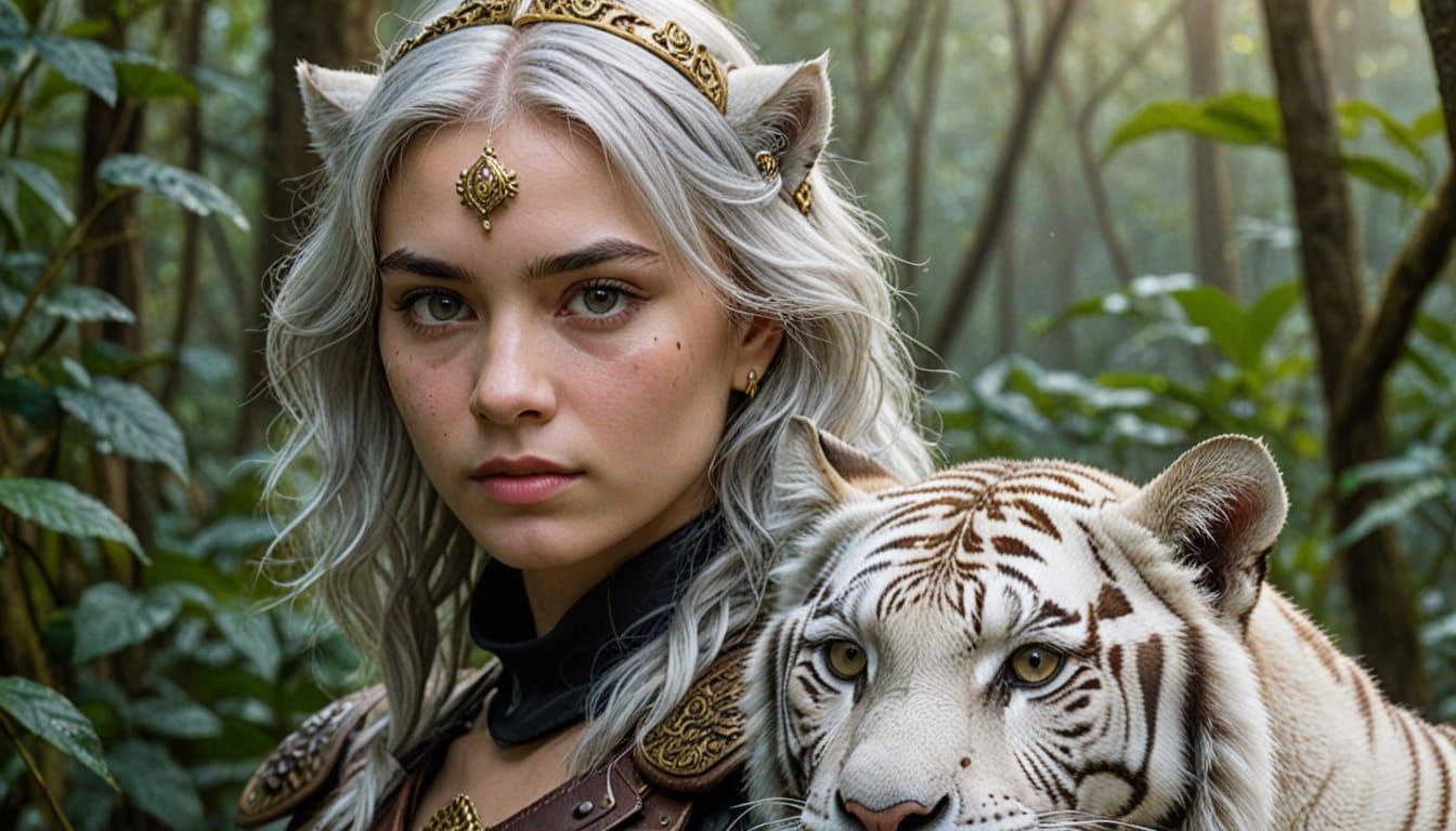 Female Ranger and White Tiger in Jungle, Concept Art