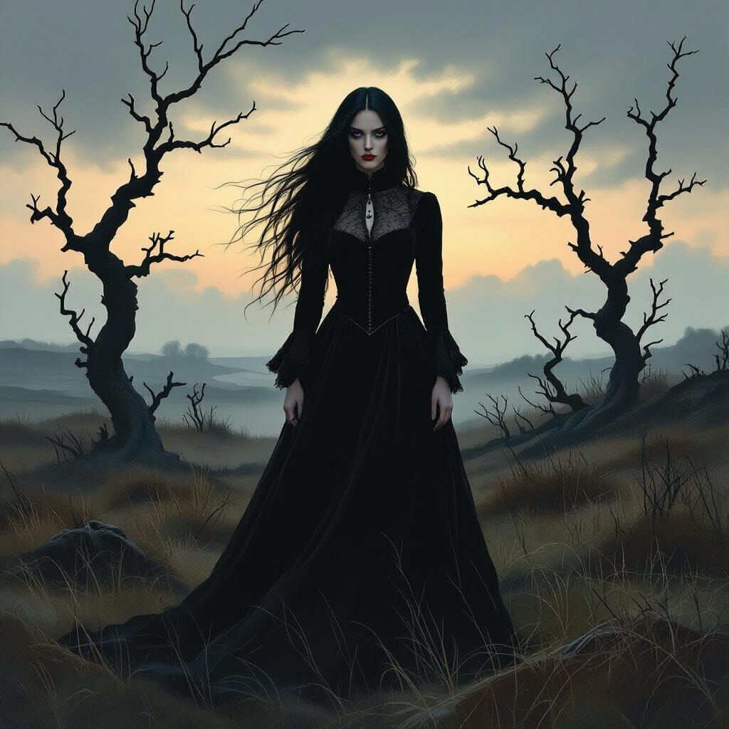 Gothic Woman on Windswept Moor at Twilight