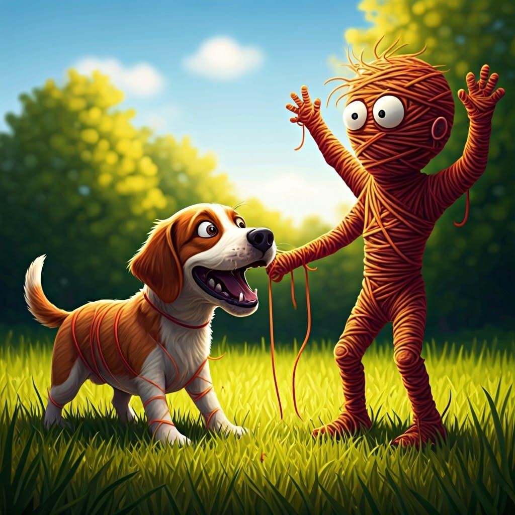 Dog Unraveling String Person Arm in Cartoon Style