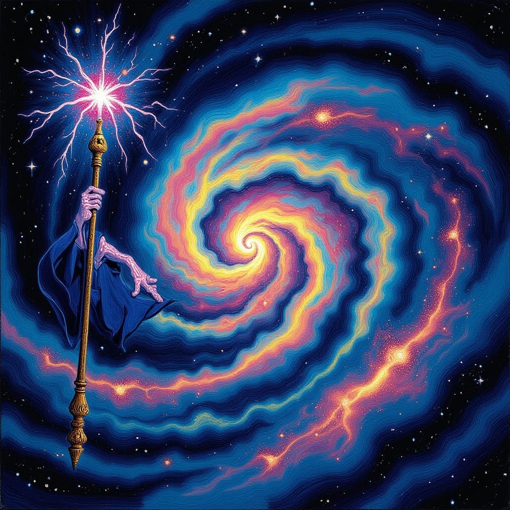 Ethereal Wizard Conjuring Galaxies as Alcohol Ink Painting