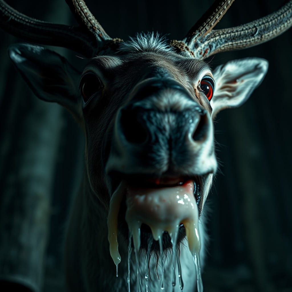 Grisly Reindeer in Dark Surreal Forest