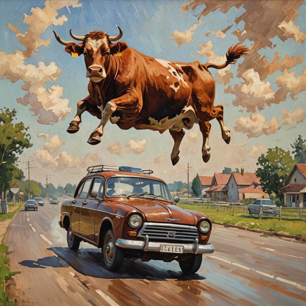 Brown Cow Flies Over Car, Impressionist Style