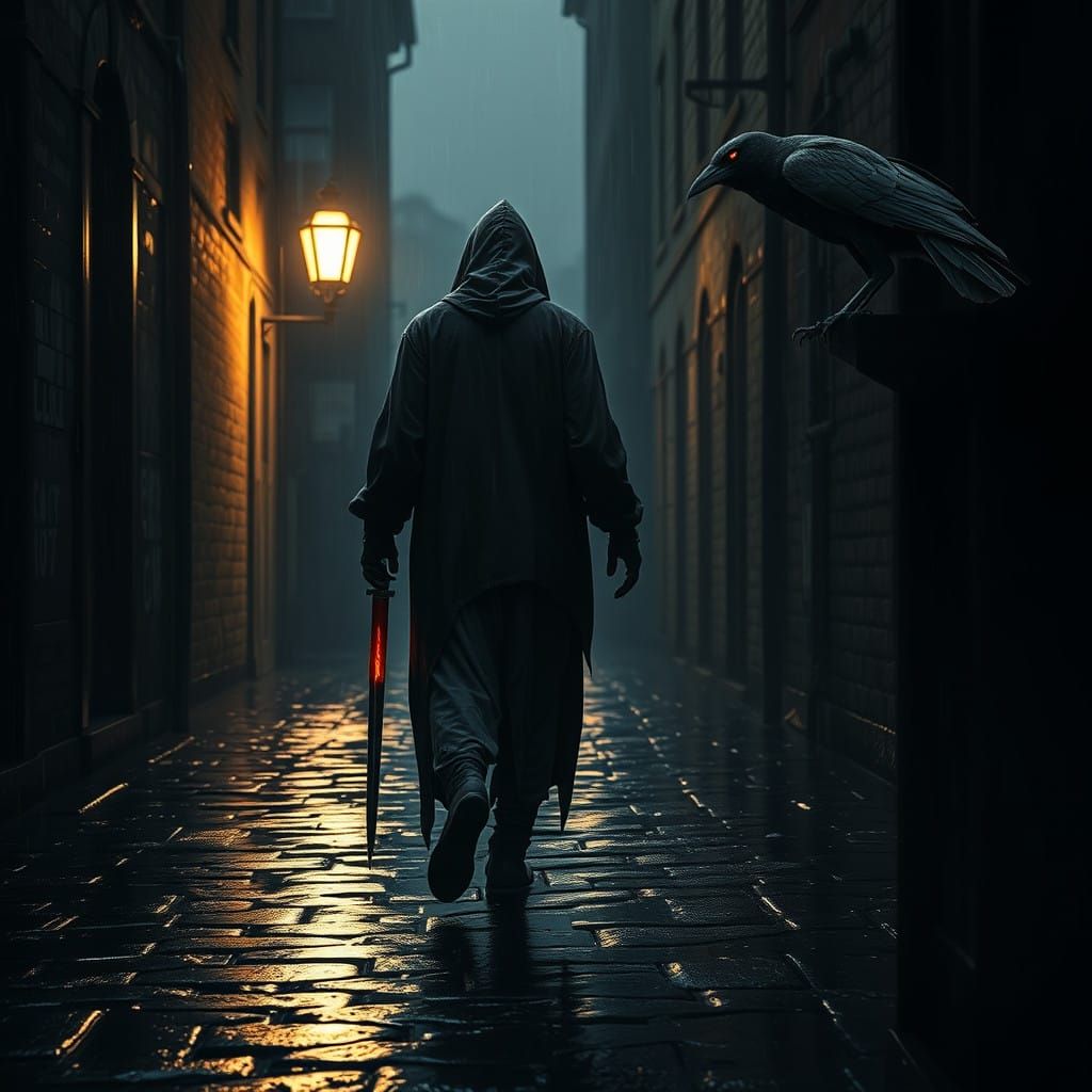 Shadowy Figure Disappears into Rainy Alley, Blade in Hand, w...