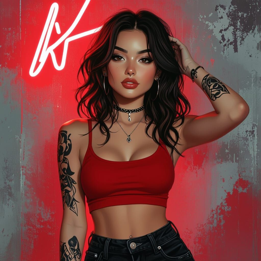 Playful Girl with Tattoo in Neon Cyberpunk Style
