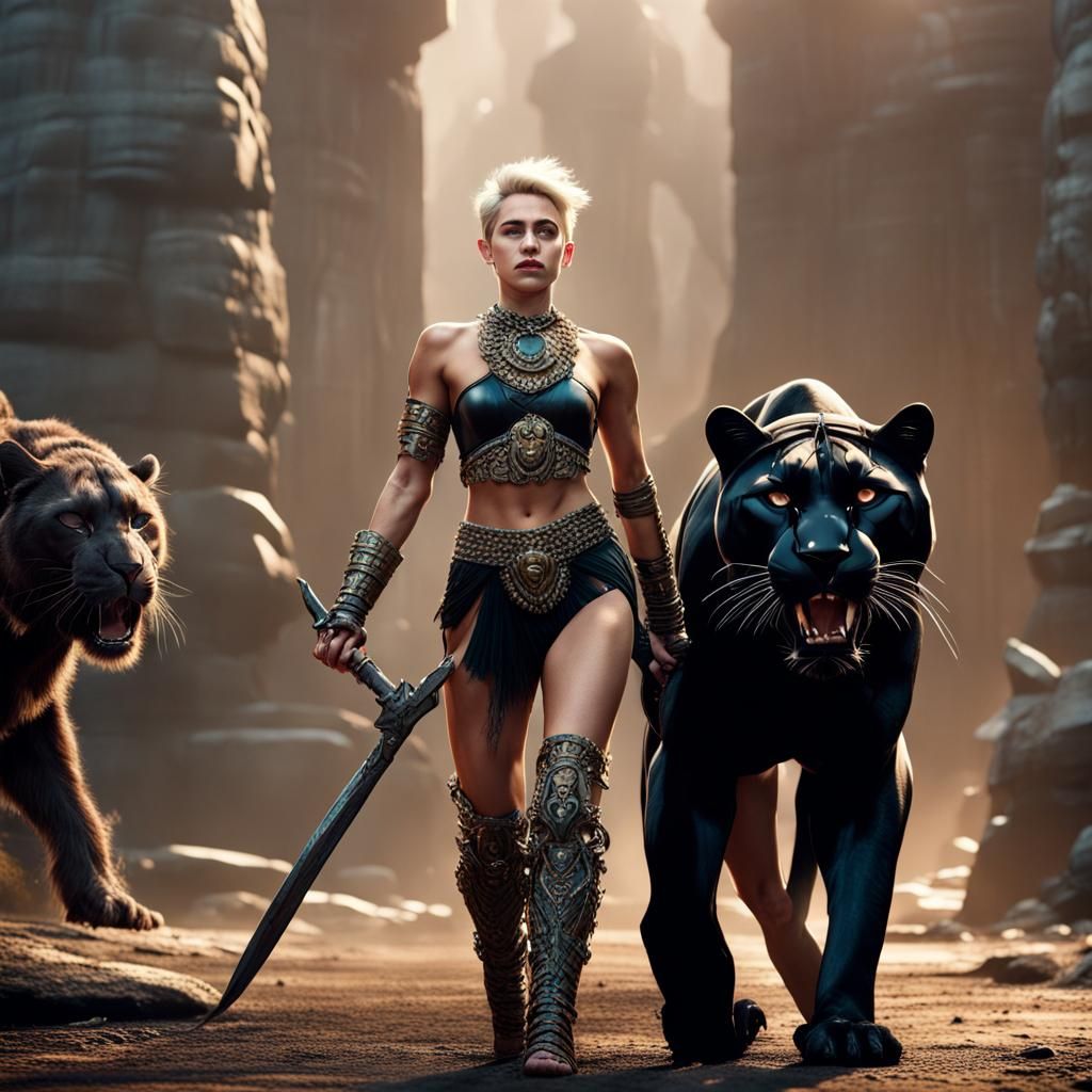 Barbarian Queen with Panther in Detailed Matte Painting