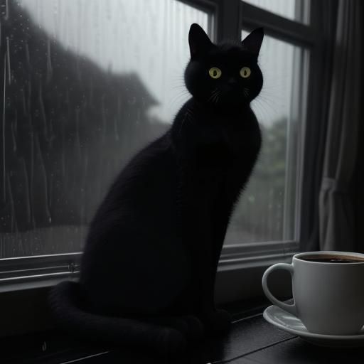 Rainy Morning Window Scene with Cat and Coffee