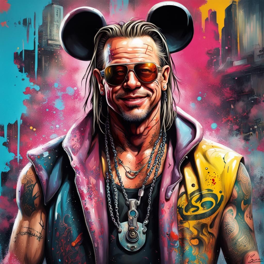 Cyberpunk Charismatic Figure with Tattoos and Jewelry