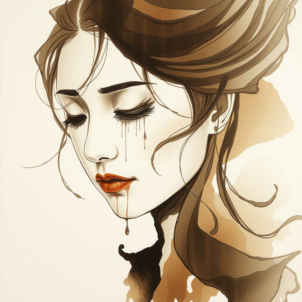 Contemplative Woman's Face in Chinese Ink Style