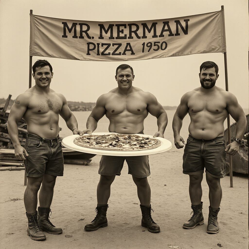 Vintage Photograph of Muscular Mermen Sharing Pizza