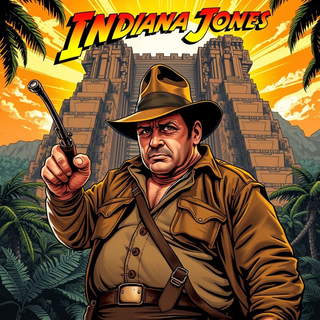 A classic movie poster for Indiana Jones starring an extremely obese Harrison Ford