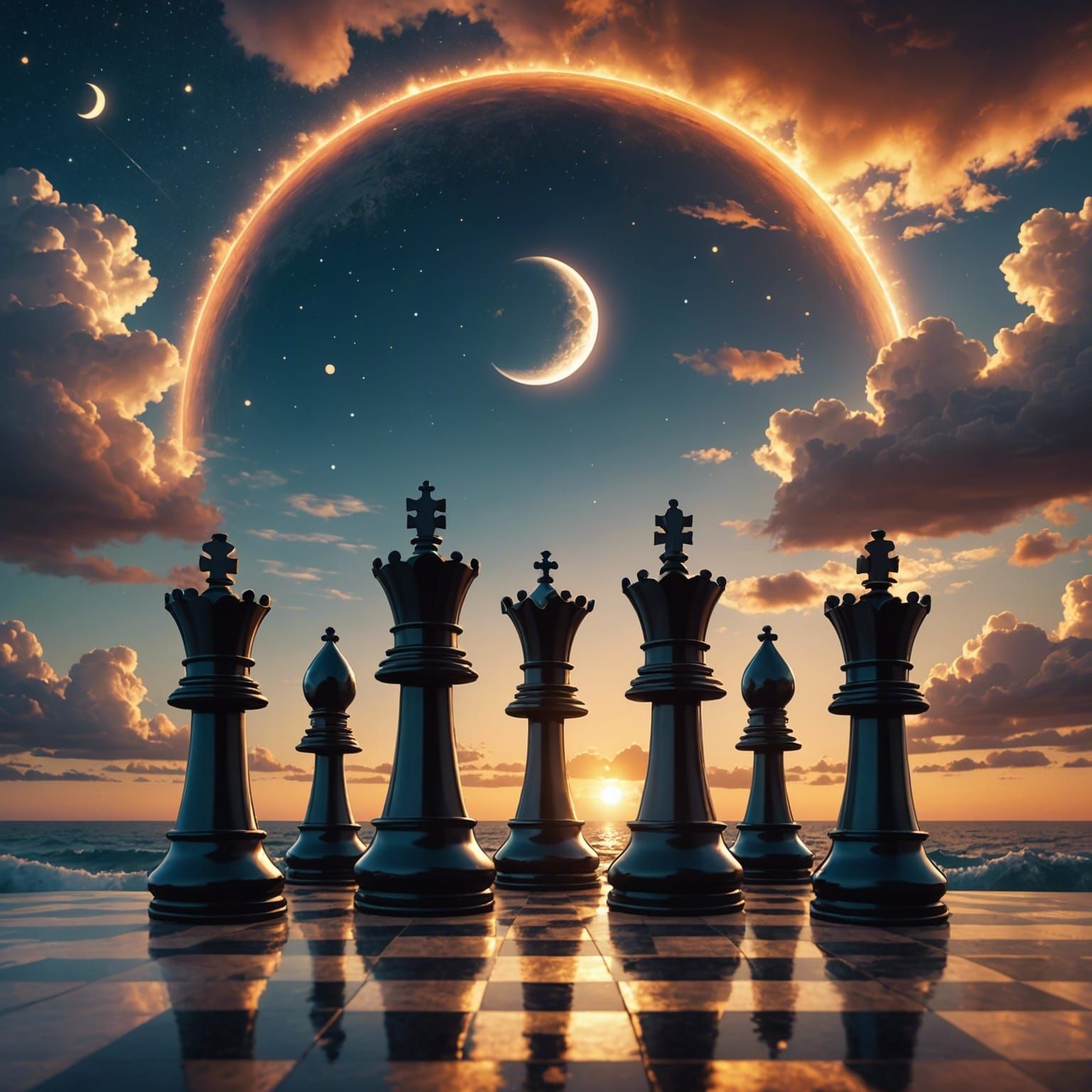 Giant Chess Pieces Over Sunset Ocean