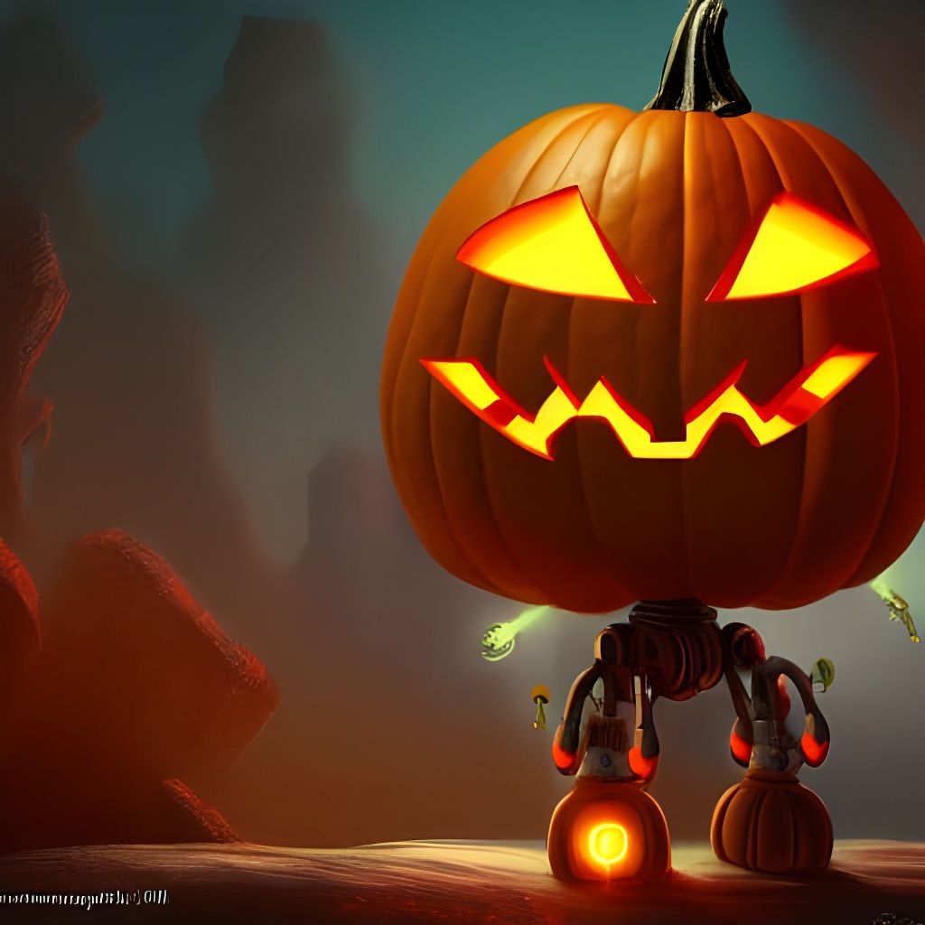Pumpkin Robot with Laser Beams in Fantasy Art