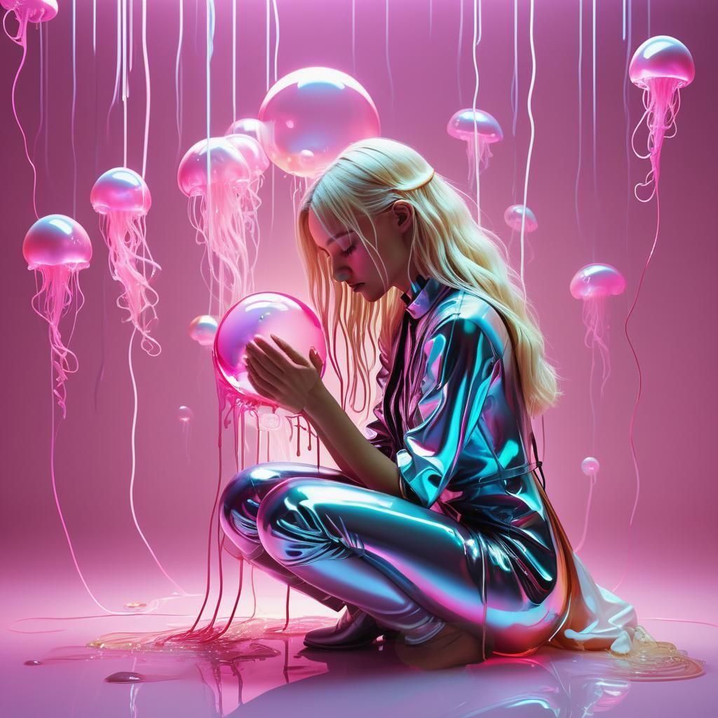 Futuristic Woman with Liquid Light Tears in Cyberpunk Style