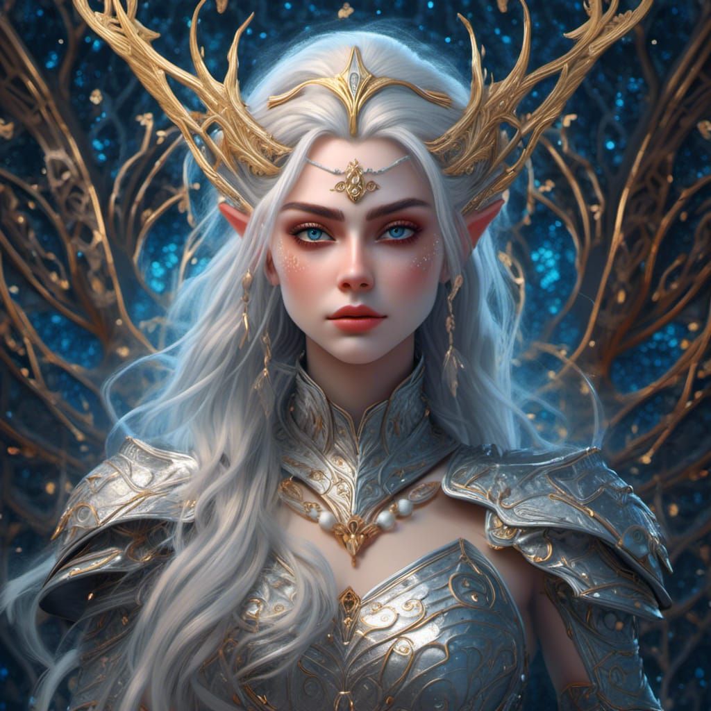 Elven Warrior in Fairy Night Sky, Digital Art