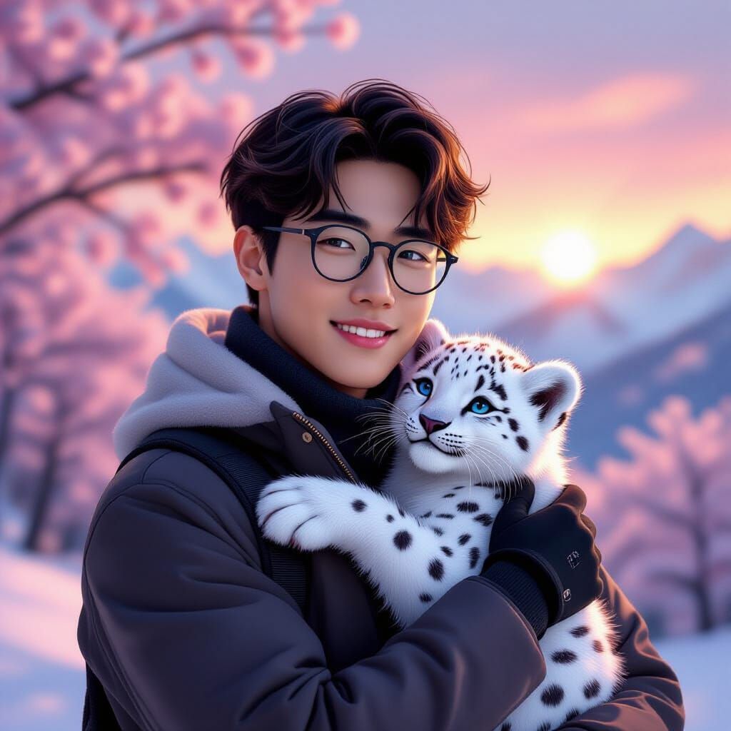 Athletic Korean Man Holds Snow Leopard in Fantasy Sunrise