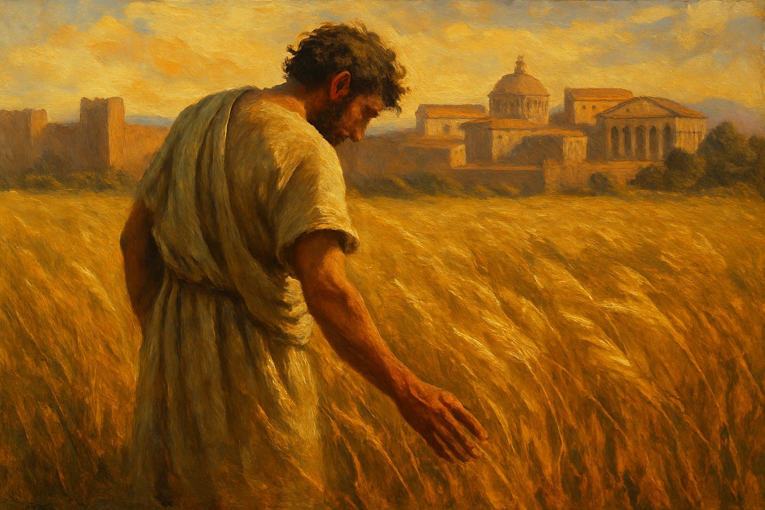 Roman Peasant in Wheat Field as Oil Painting