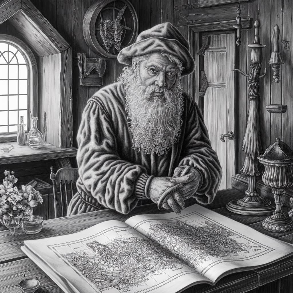 Hyperdetailed Charcoal Drawing of Old Map in Finnish Cottage